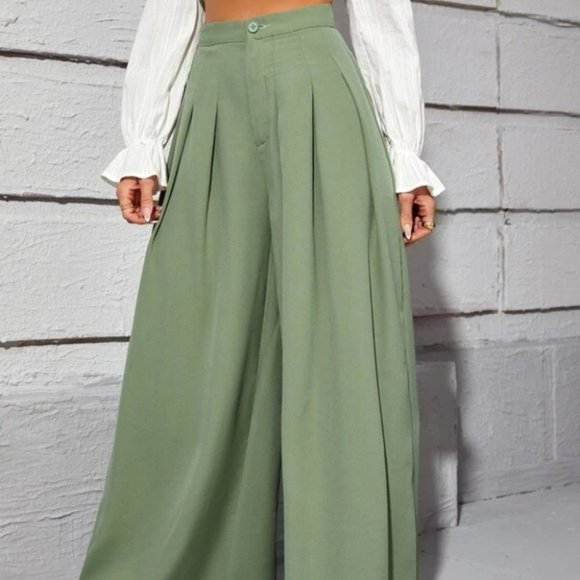 High Waist Fold Pleated Wide Leg Pants GREEN - Picture 4 of 6